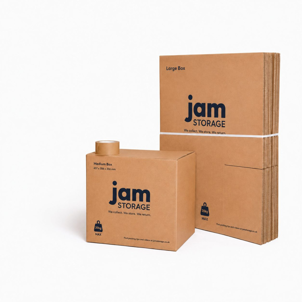 Ten large Jam Storage cardboard moving boxes stacked together
